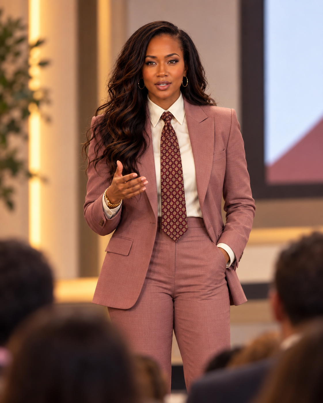 Kay Bowman speaking on stage in a pink suit