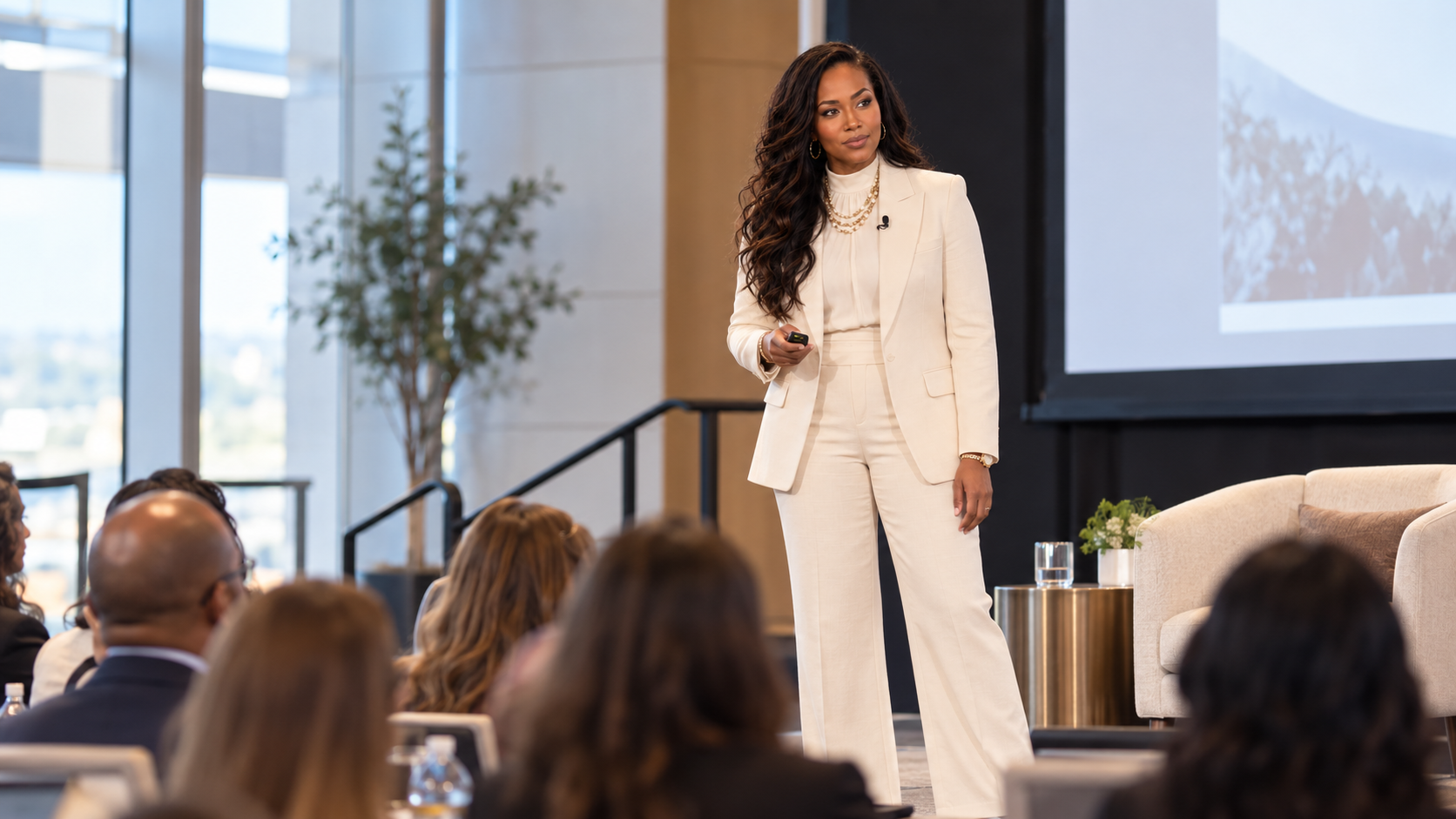 Kay Bowman presenting an AI session in a cream suit before an audience